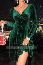 Misshow V-Neck Green Velvet Christmas Dress