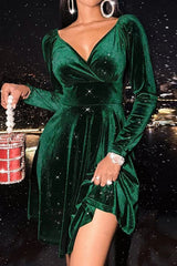 Misshow V-Neck Green Velvet Christmas Dress
