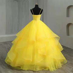 Misshow V-Neck Spaghetti Strap Tiered Yellow Tulle Ball Gown Perfect for Quinceanera & Sweet 16 Celebrations