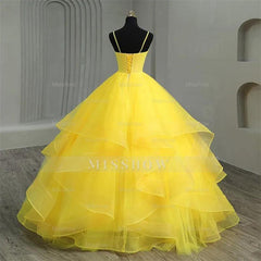 Misshow V-Neck Spaghetti Strap Tiered Yellow Tulle Ball Gown Perfect for Quinceanera & Sweet 16 Celebrations
