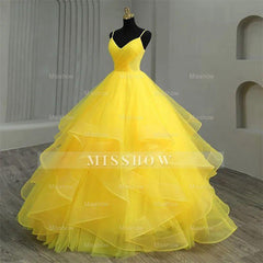 Misshow V-Neck Spaghetti Strap Tiered Yellow Tulle Ball Gown Perfect for Quinceanera & Sweet 16 Celebrations