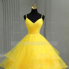 Misshow V-Neck Spaghetti Strap Tiered Yellow Tulle Ball Gown Perfect for Quinceanera & Sweet 16 Celebrations