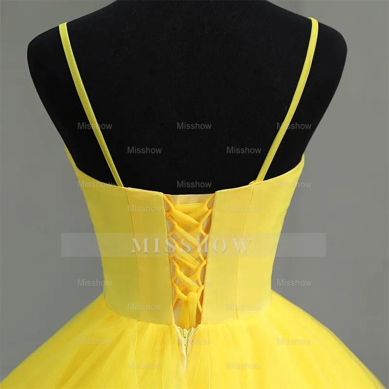 Misshow V-Neck Spaghetti Strap Tiered Yellow Tulle Ball Gown Perfect for Quinceanera & Sweet 16 Celebrations