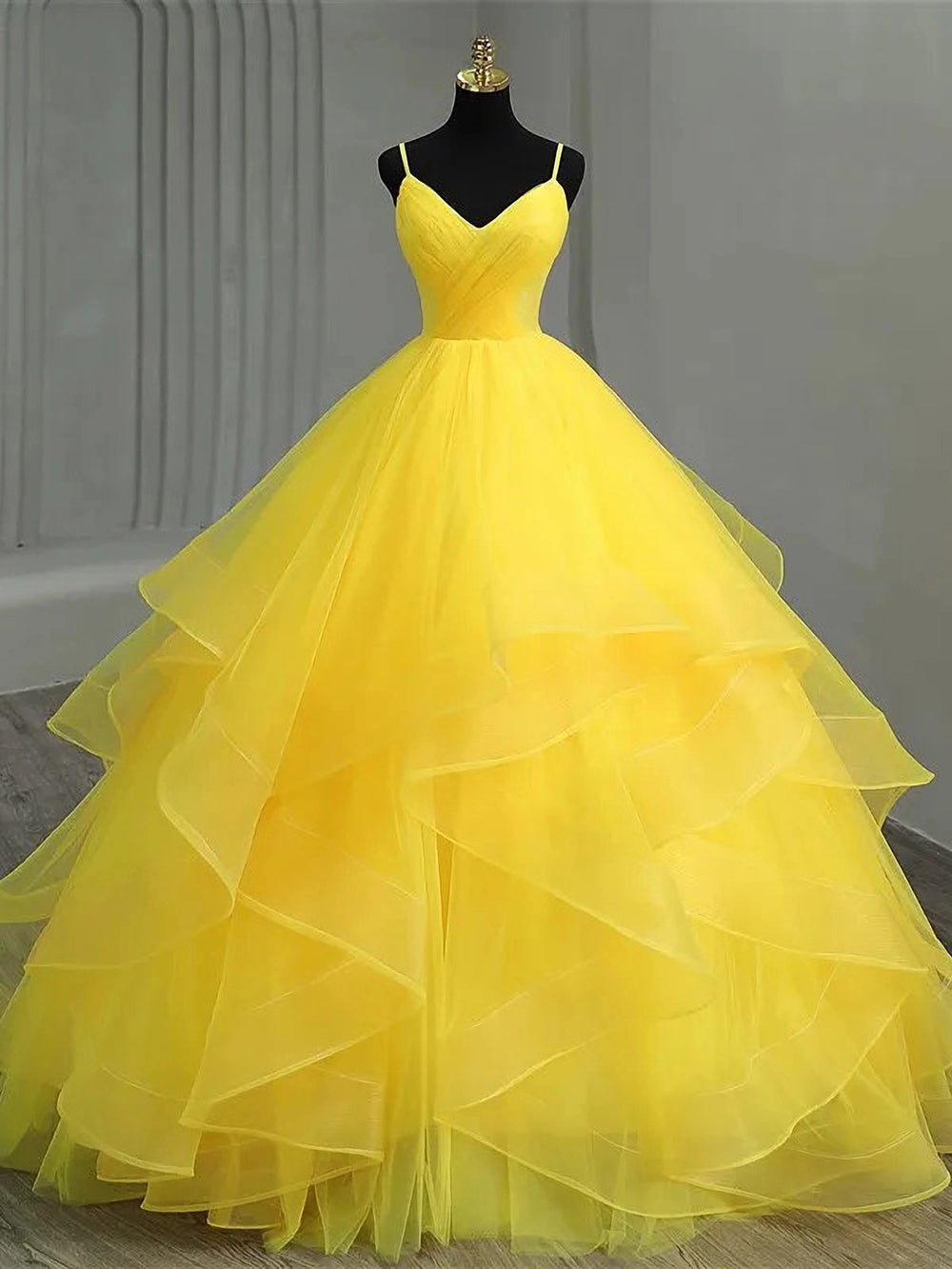 Misshow V-Neck Spaghetti Strap Tiered Yellow Tulle Ball Gown Perfect for Quinceanera & Sweet 16 Celebrations