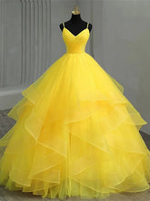 Misshow V-Neck Spaghetti Strap Tiered Yellow Tulle Ball Gown Perfect for Quinceanera & Sweet 16 Celebrations