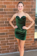 Misshow Velvet Olive Strapless Tight Ruched Short Homecoming Dress/Mini Dress