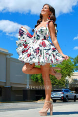 Misshow White A Line Ruffled Homecoming Dress/Mini Dress With Printed Flower