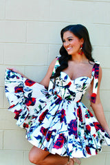 Misshow White A Line Ruffled Homecoming Dress/Mini Dress With Printed Flower