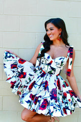 Misshow White A Line Ruffled Homecoming Dress/Mini Dress With Printed Flower
