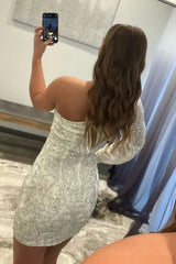 Misshow White Beaded Sequins One Shoulder Tight Homecoming Dress/Mini Dress