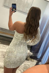 Misshow White Beaded Sequins One Shoulder Tight Homecoming Dress/Mini Dress