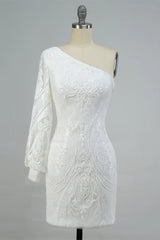 Misshow White Beaded Sequins One Shoulder Tight Homecoming Dress/Mini Dress