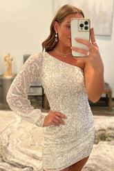 Misshow White Beaded Sequins One Shoulder Tight Homecoming Dress/Mini Dress