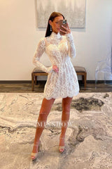 Misshow White Long Sleeves A Line Short Homecoming Dress/Mini Dress With Lace