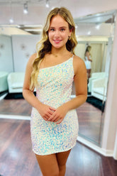 Misshow White Open Back One Shoulder Sequins Tight Short Homecoming Dress/Mini Dress