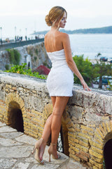 Misshow White Strapless Homecoming Dress/Mini Dress with Feathers