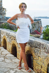 Misshow White Strapless Homecoming Dress/Mini Dress with Feathers