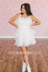 Misshow White Straps Tiered A-Line Tulle Short Homecoming Dress/Mini Dress