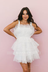 Misshow White Straps Tiered A-Line Tulle Short Homecoming Dress/Mini Dress