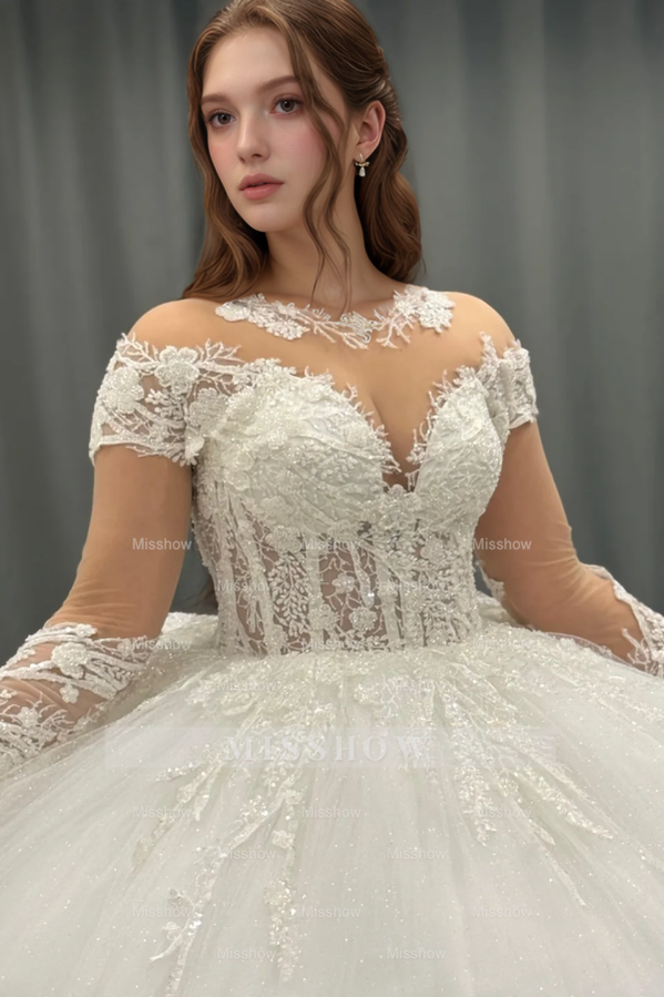 Misshow White Tulle Ball Gown Scoop Neck Lace Appliques & Pleated Skirt for Quinceanera Sweet 16 and Formal Evenings