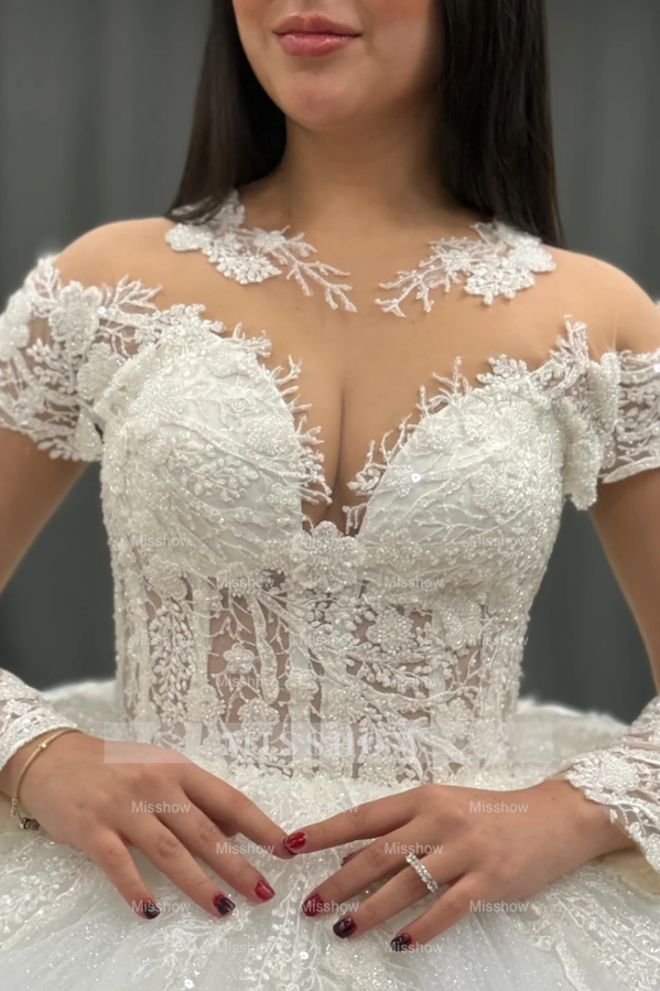 Misshow White Tulle Ball Gown Scoop Neck Lace Appliques & Pleated Skirt for Quinceanera Sweet 16 and Formal Evenings