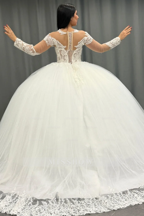 Misshow White Tulle Ball Gown Scoop Neck Lace Appliques & Pleated Skirt for Quinceanera Sweet 16 and Formal Evenings