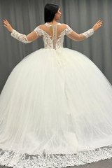 Misshow White Tulle Ball Gown Scoop Neck Lace Appliques & Pleated Skirt for Quinceanera Sweet 16 and Formal Evenings