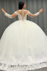 Misshow White Tulle Ball Gown Scoop Neck Lace Appliques & Pleated Skirt for Quinceanera Sweet 16 and Formal Evenings