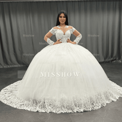 Misshow White Tulle Ball Gown Scoop Neck Lace Appliques & Pleated Skirt for Quinceanera Sweet 16 and Formal Evenings