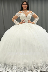Misshow White Tulle Ball Gown Scoop Neck Lace Appliques & Pleated Skirt for Quinceanera Sweet 16 and Formal Evenings