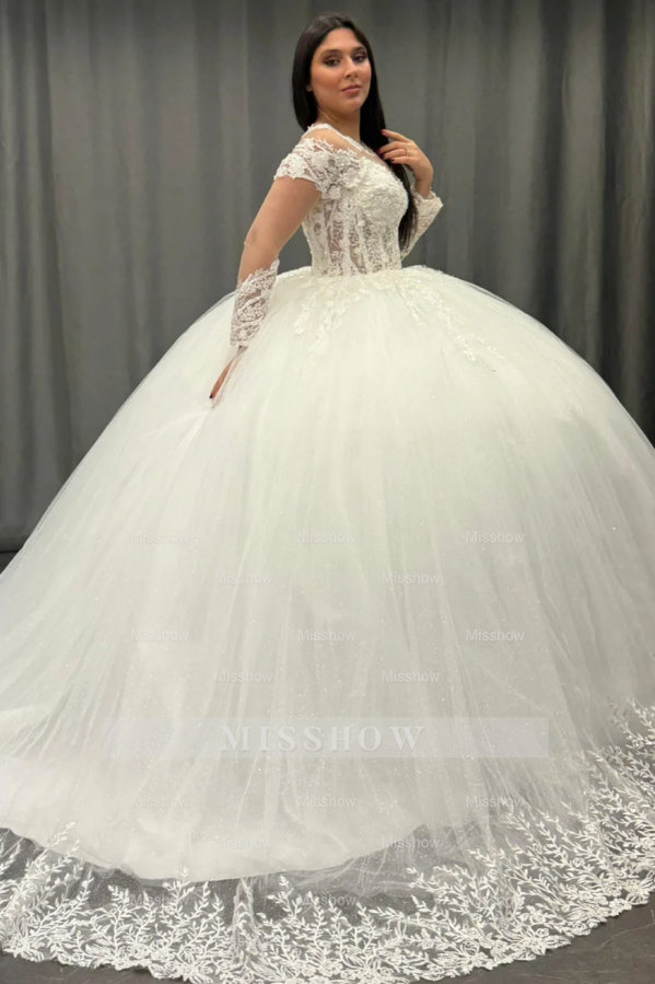 Misshow White Tulle Ball Gown Scoop Neck Lace Appliques & Pleated Skirt for Quinceanera Sweet 16 and Formal Evenings