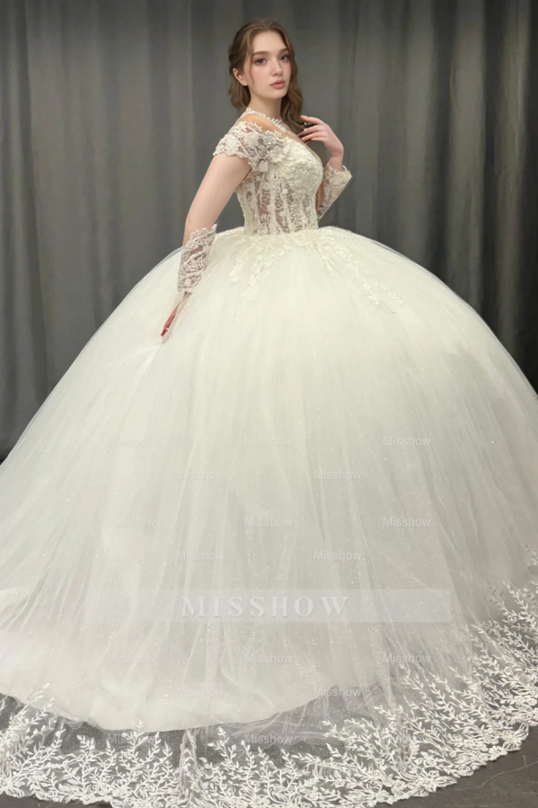 Misshow White Tulle Ball Gown Scoop Neck Lace Appliques & Pleated Skirt for Quinceanera Sweet 16 and Formal Evenings