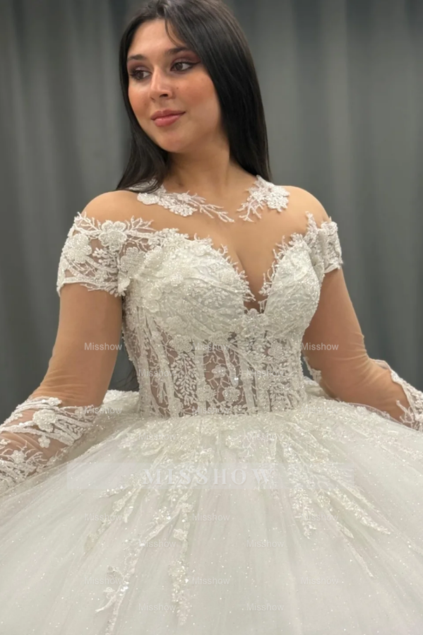 Misshow White Tulle Ball Gown Scoop Neck Lace Appliques & Pleated Skirt for Quinceanera Sweet 16 and Formal Evenings
