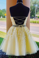 Misshow Yellow A Line Halter Backless Homecoming Dress/Mini Dress