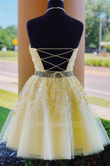 Misshow Yellow A Line Halter Backless Homecoming Dress/Mini Dress