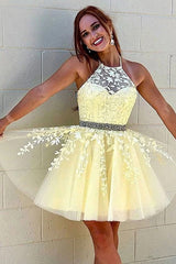 Misshow Yellow A Line Halter Backless Homecoming Dress/Mini Dress