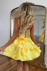 Misshow Yellow Corset A Line Short Homecoming Dress/Mini Dress With 3D Flowers