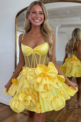Misshow Yellow Corset A Line Short Homecoming Dress/Mini Dress With 3D Flowers