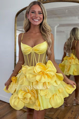 Misshow Yellow Corset A Line Short Homecoming Dress/Mini Dress With 3D Flowers