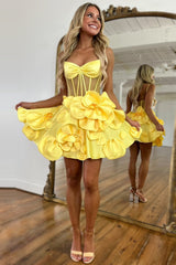 Misshow Yellow Corset A Line Short Homecoming Dress/Mini Dress With 3D Flowers