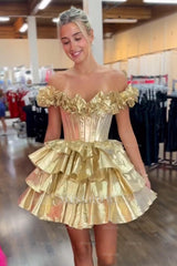 Misshow Yellow Off The Shoulder Corset Short Homecoming Dress/Mini Dress With Ruffles