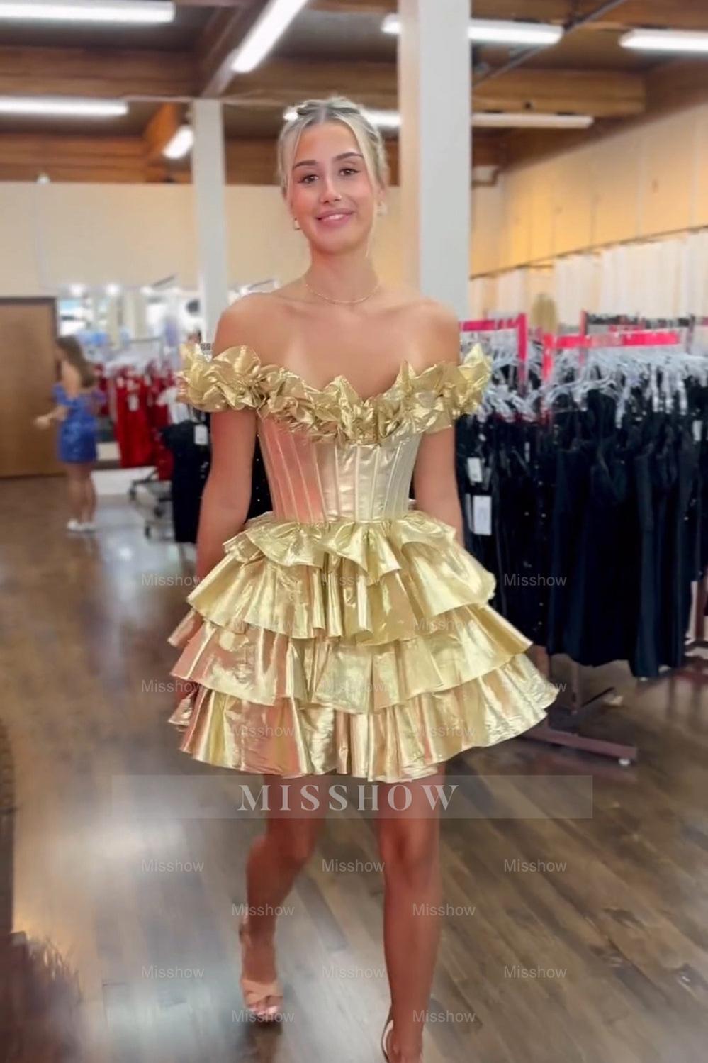 Misshow Yellow Off The Shoulder Corset Short Homecoming Dress/Mini Dress With Ruffles