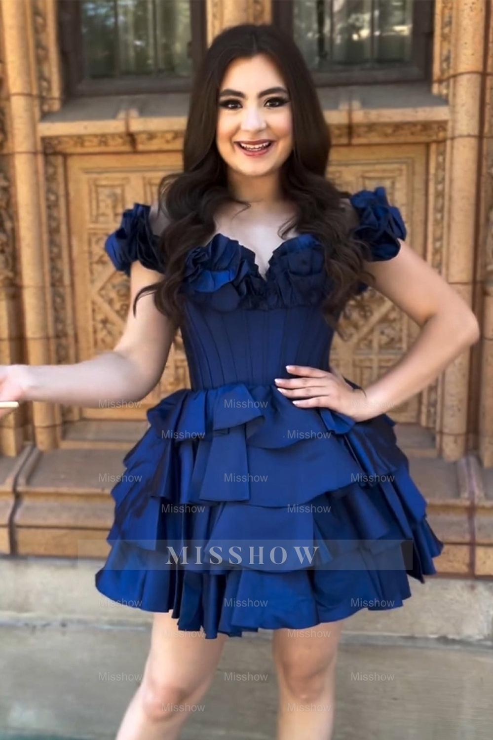 Misshow Yellow Off The Shoulder Corset Short Homecoming Dress/Mini Dress With Ruffles