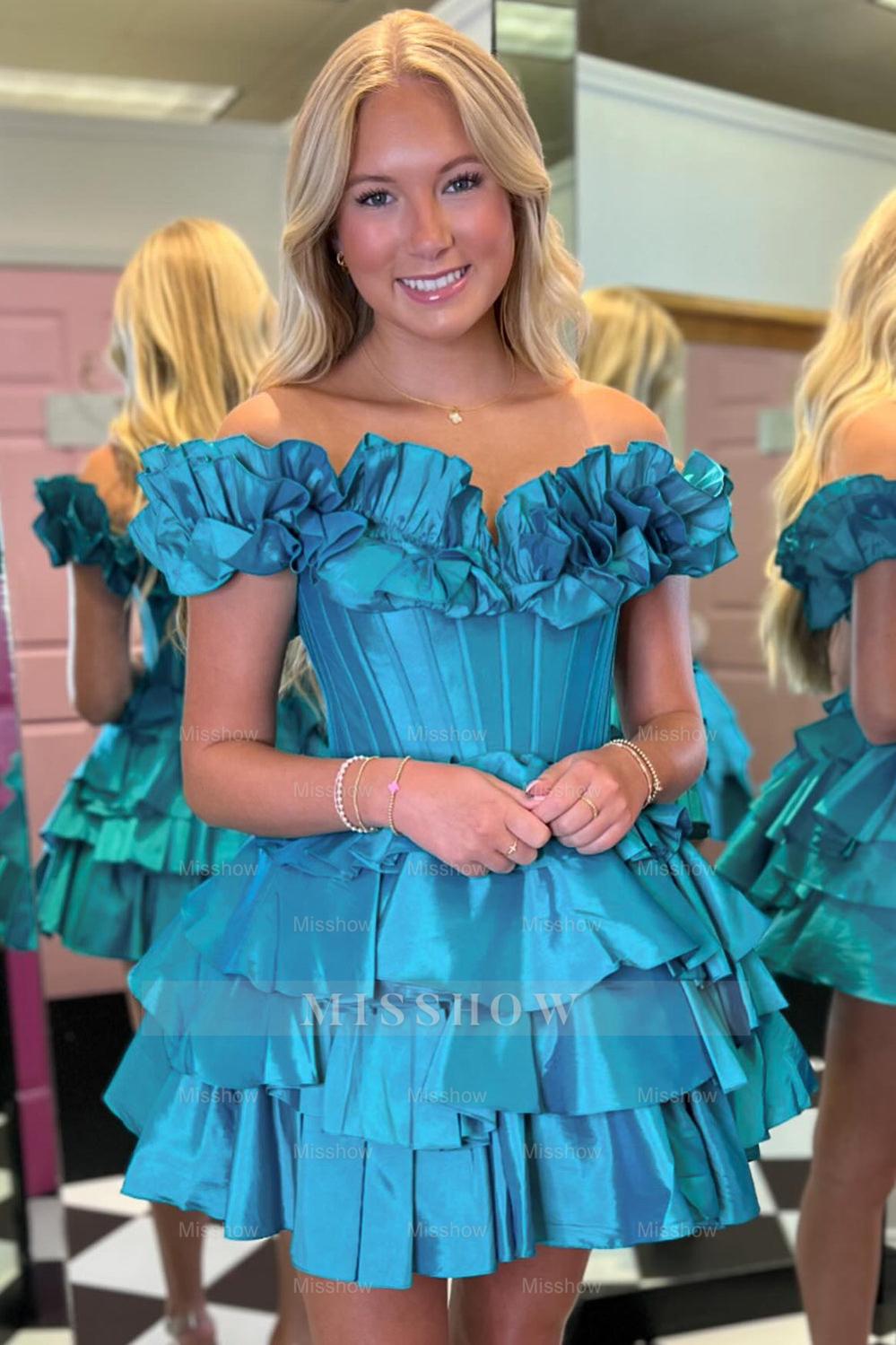 Misshow Yellow Off The Shoulder Corset Short Homecoming Dress/Mini Dress With Ruffles