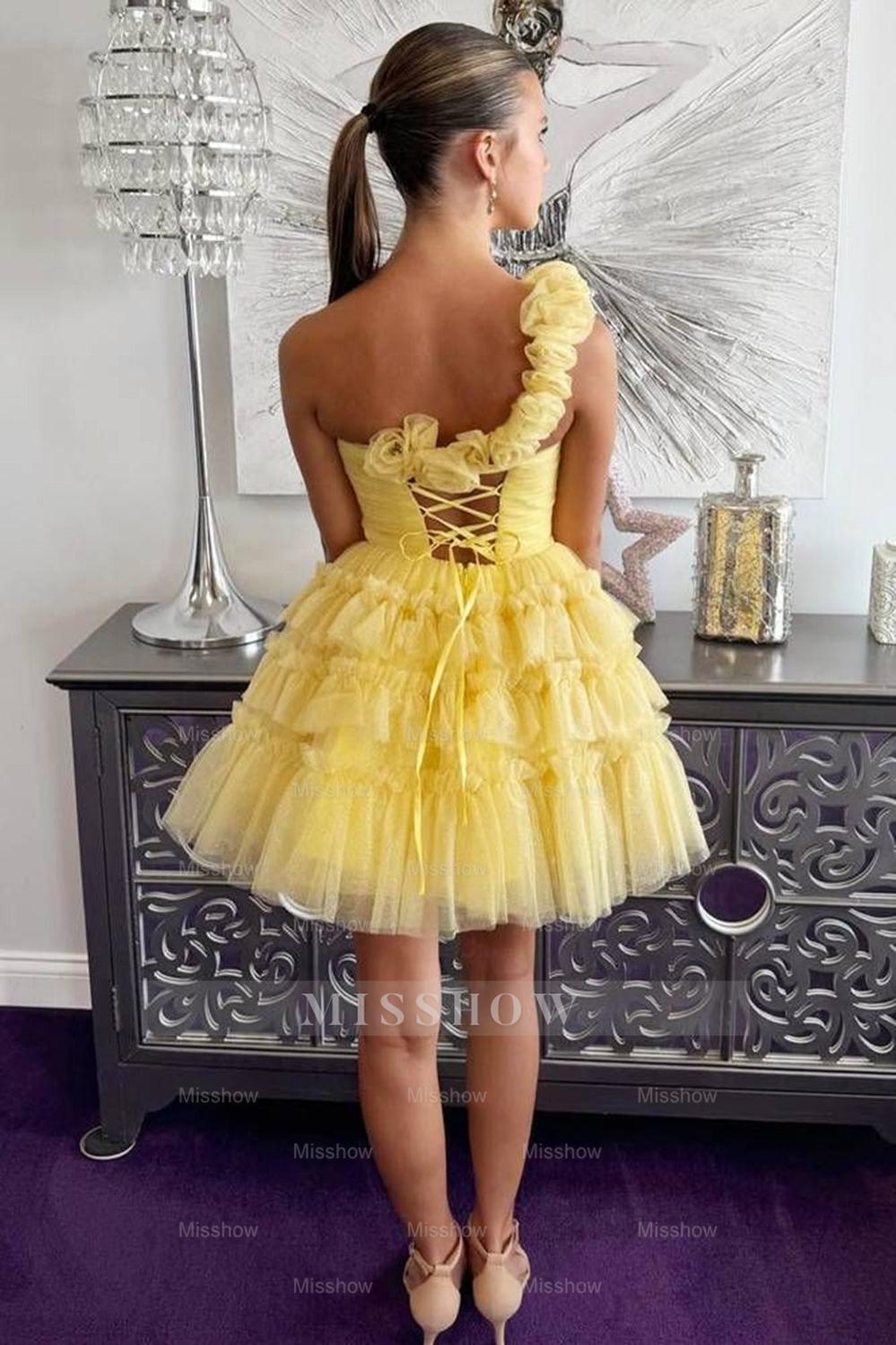 Misshow Yellow One Shoulder Ruffled A-Line Short Homecoming Dress/Mini Dress
