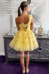 Misshow Yellow One Shoulder Ruffled A-Line Short Homecoming Dress/Mini Dress