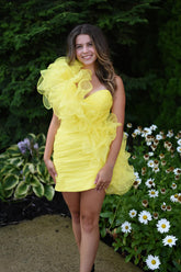 Misshow Yellow One Shoulder Ruffled Tight Short Homecoming Dress/Mini Dress