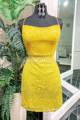Misshow Yellow Sequins Backless Short Homecoming Dress/Mini Dress