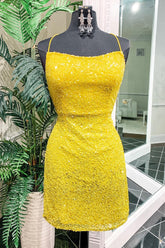 Misshow Yellow Sequins Backless Short Homecoming Dress/Mini Dress