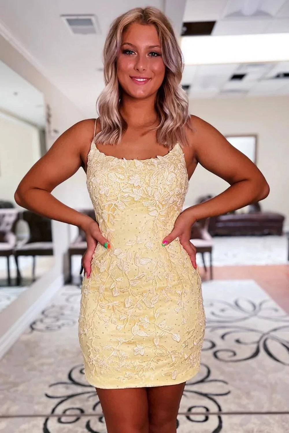 Misshow Yellow Spaghetti Straps Lace Tight Short Homecoming Dress/Mini Dress